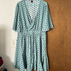 Muted teal and black polkadot dress